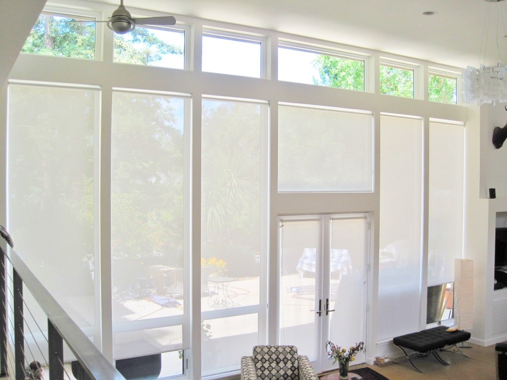 Simple Hunter Douglas screen shades protect this modern living room from the sun while keeping the view unobstructed.